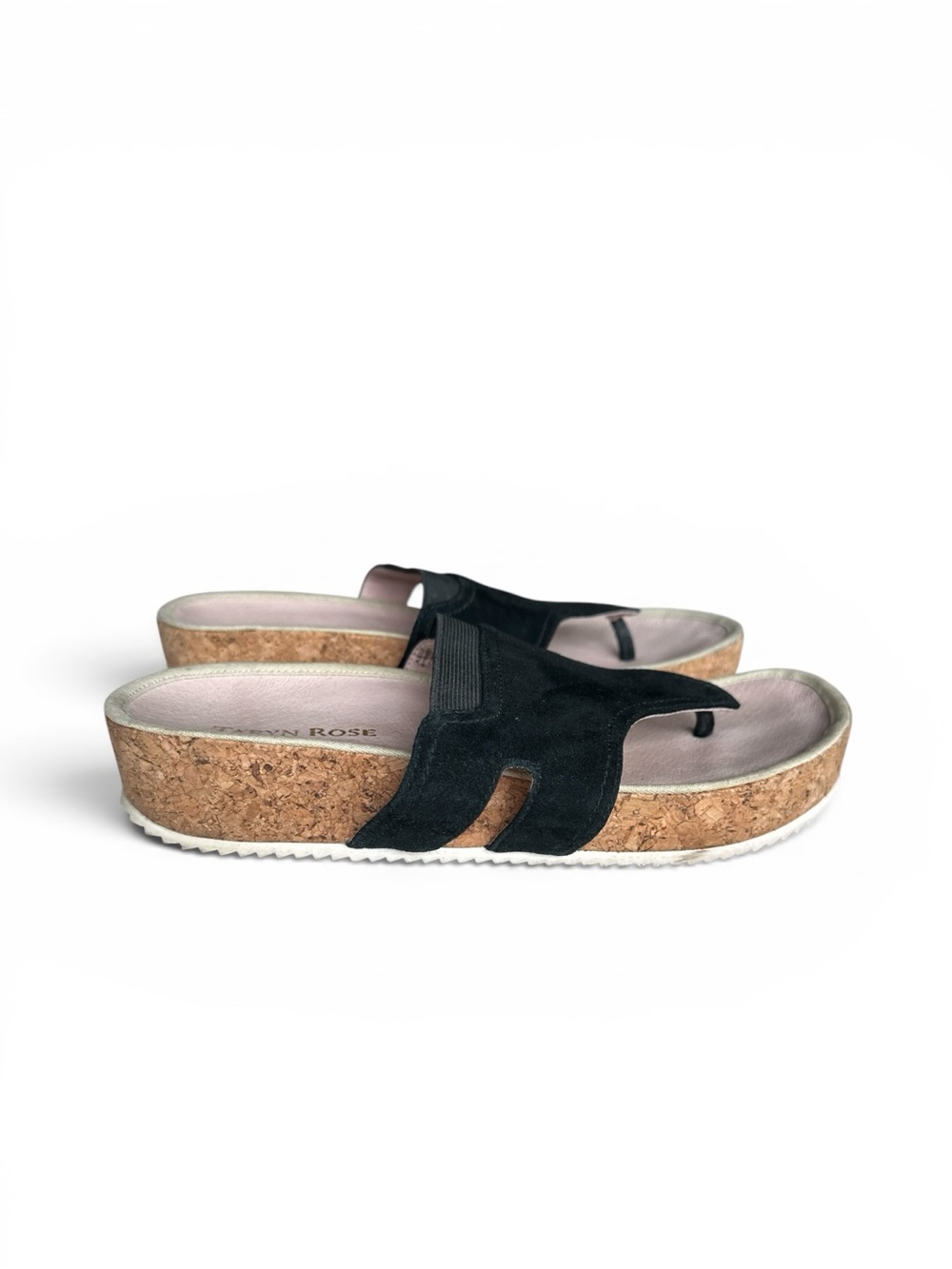 Taryn Rose Black Suede Cork Wedge Thong Sandals with Pink Insole - Picture 3 of 7